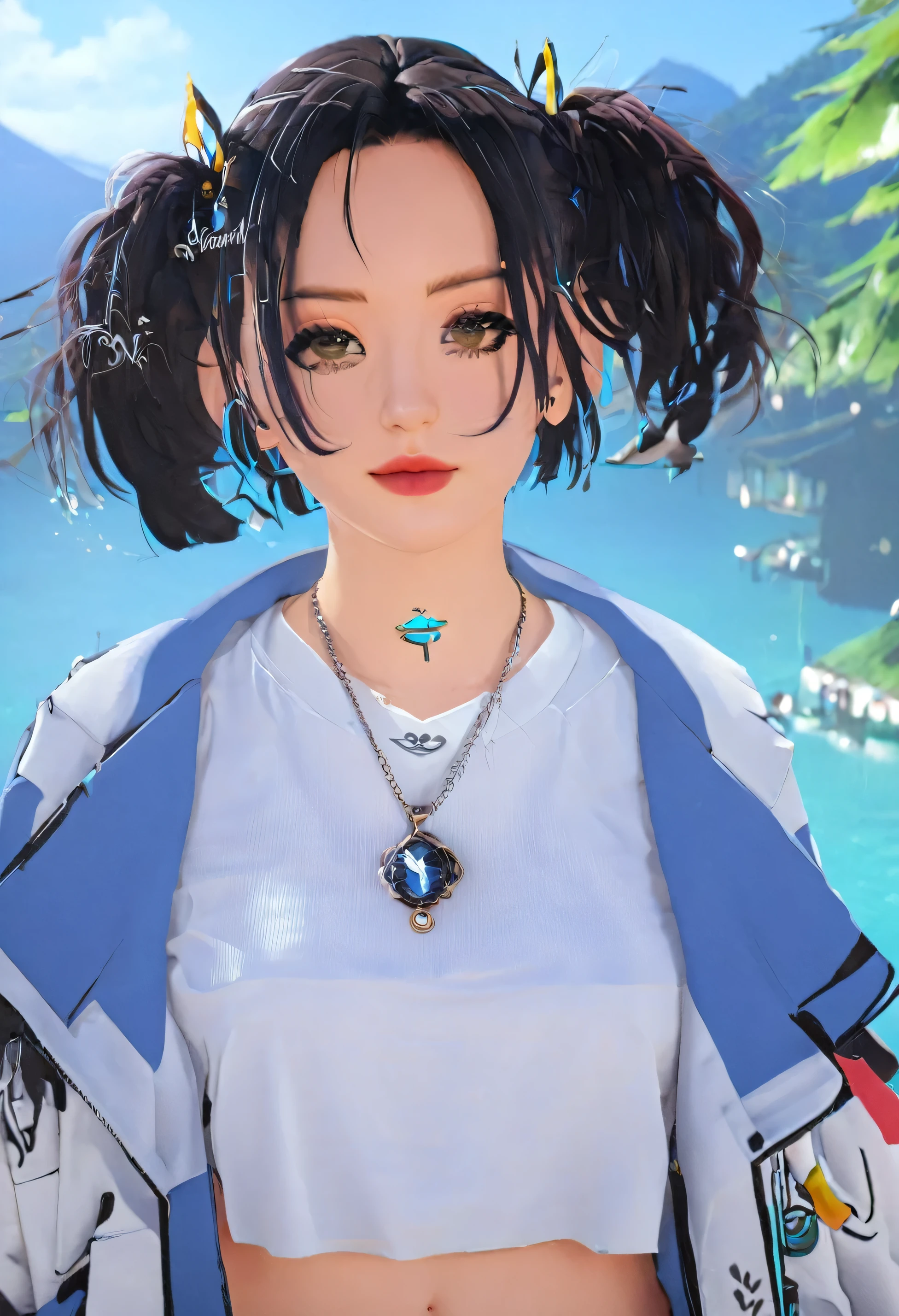 Best quality, beaucoup girl, with beautiful decent casual clothes, perfect body, perfect hair perfect face, and a hydro vision necklace from genshin impact
