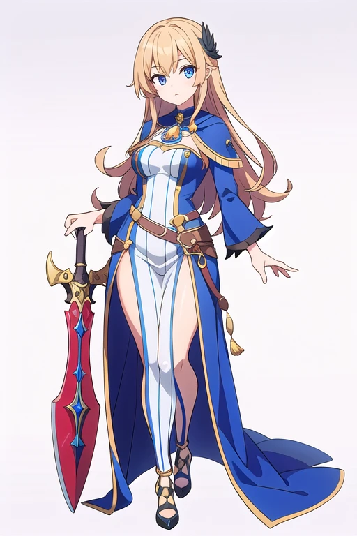 (stand posture), cute eyes, adult woman,, solo, high fantasy outfits, ((white background)), (full body), holding weapon,
