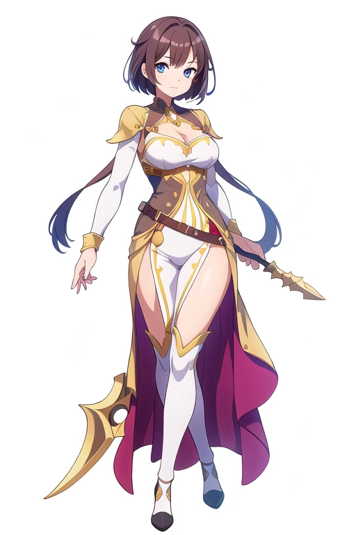 (stand posture), cute eyes, adult woman,, solo, high fantasy outfits, ((white background)), (full body), holding weapon,