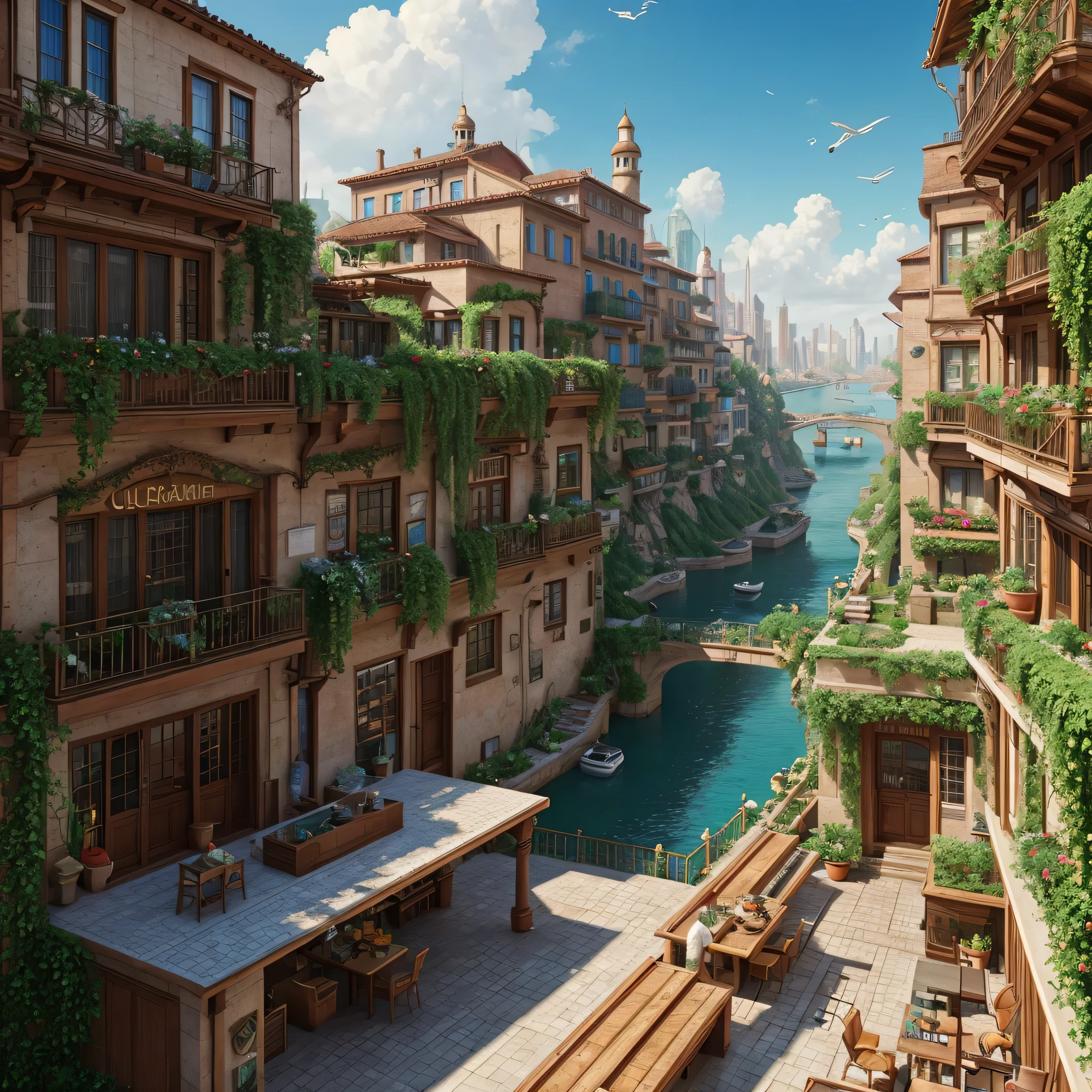 beautiful Elena of Avalor-style open kitchen overlooking wide-angle aerial view of a vibrant solarpunk city with greenery, interior architecture, ocean, river, ships, citizens, city wall, octane rendering, Luc Schuiten-style, Craig Mullins, solarpunk on deviantart, photorealistic, highly detailed, Vincent Callebaut, Elena of Avalor, highly detailed