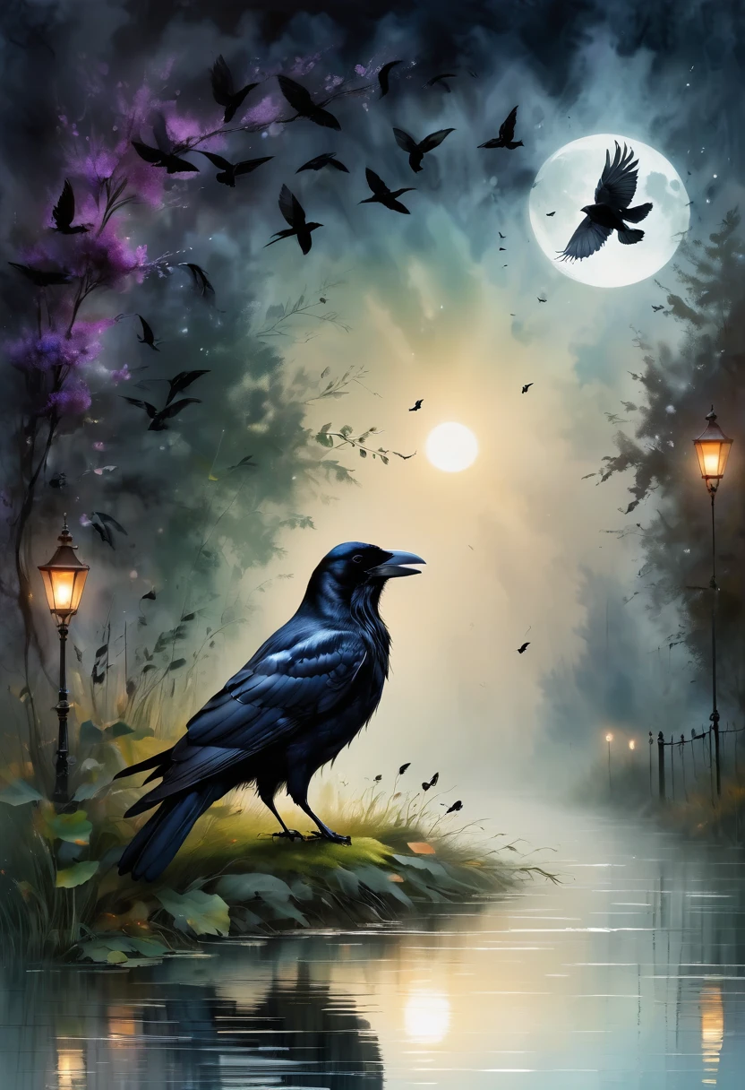 （dark atmosphere，Goethe-Mode，helle Farben），（best quality，Super exquisit，），sexy Gothic-Rabe，Rosengarten bei Nacht，Crow feathers，black crow，Das Mondlicht spiegelt ihre elegante Silhouette，Weiche Schatten und weiche Glanzlichter，Contrasting colors create a lively atmosphere，dunkle und stimmungsvolle Farbpalette，Dezente und dennoch dramatische Lichteffekte，Erhabene Dunkelheit vermischt mit exquisitem Mondlicht