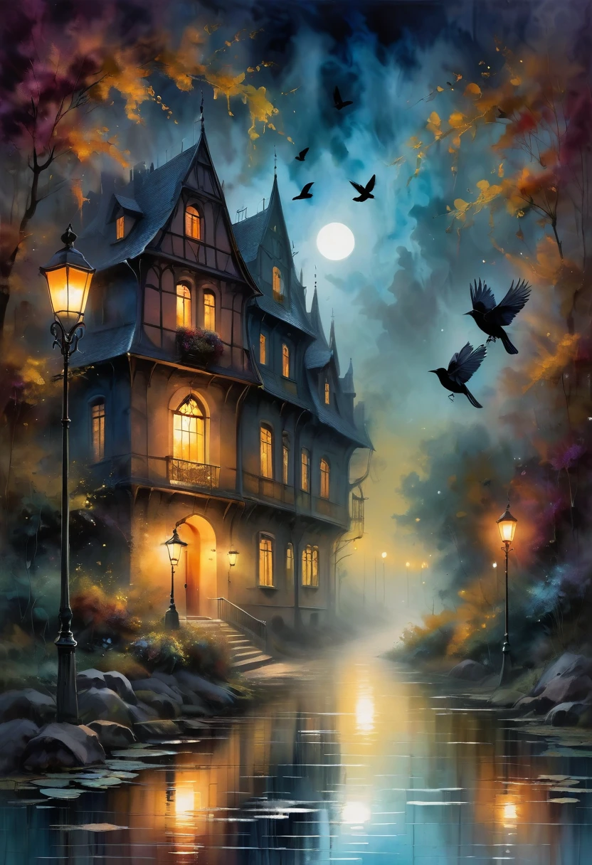 （dark atmosphere，Goethe-Mode，helle Farben），（best quality，Super exquisit，），sexy Gothic-Rabe，Rosengarten bei Nacht，Crow feathers，black crow，Das Mondlicht spiegelt ihre elegante Silhouette，Weiche Schatten und weiche Glanzlichter，Contrasting colors create a lively atmosphere，dunkle und stimmungsvolle Farbpalette，Dezente und dennoch dramatische Lichteffekte，Erhabene Dunkelheit vermischt mit exquisitem Mondlicht