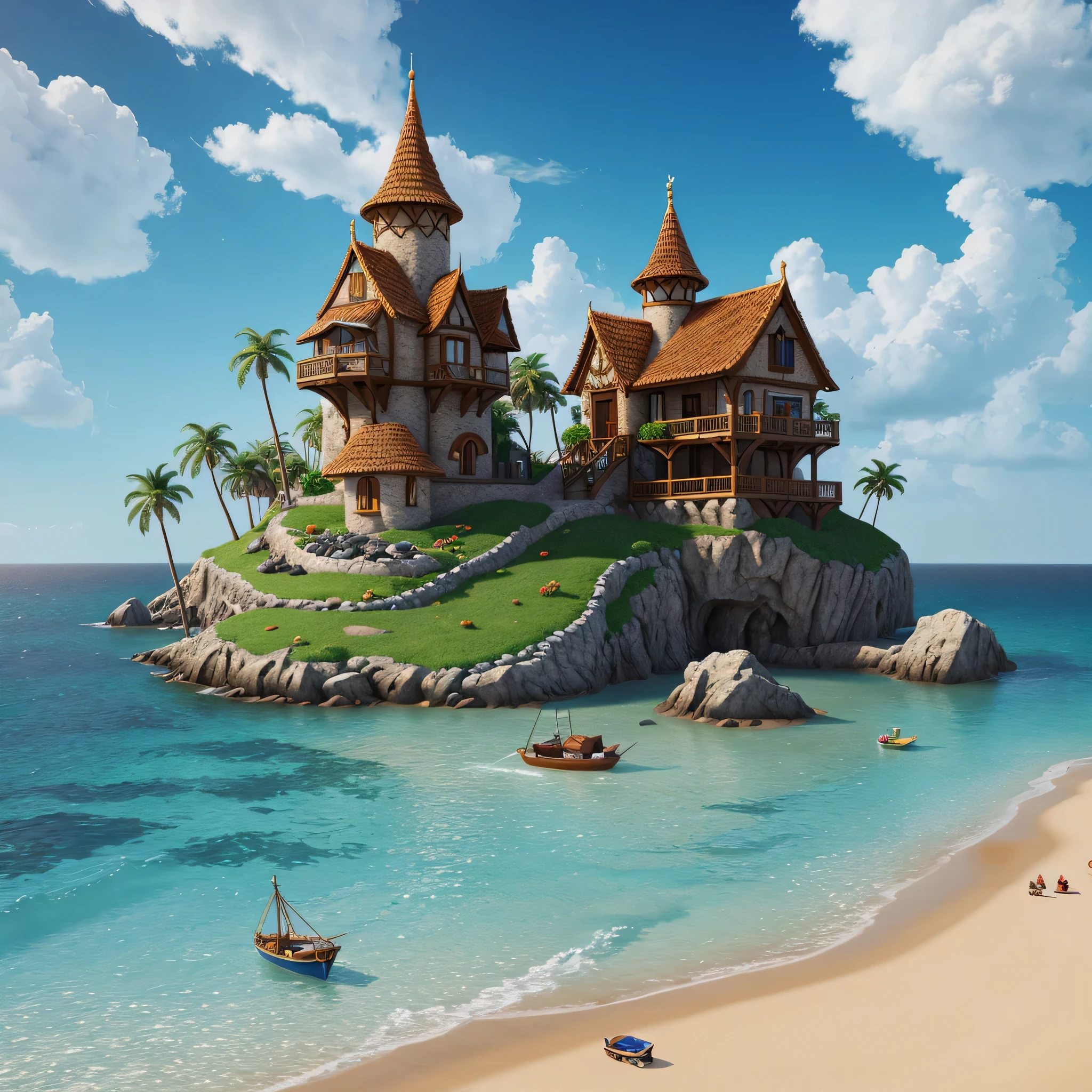 Fantasy-inspired painting of a coastal village in Kavasi style, Rendered in Cinema4D, bulbous, Accurate nautical details, Creative character design, Whimsical cartoon style, 32k uhd --ar 2:1