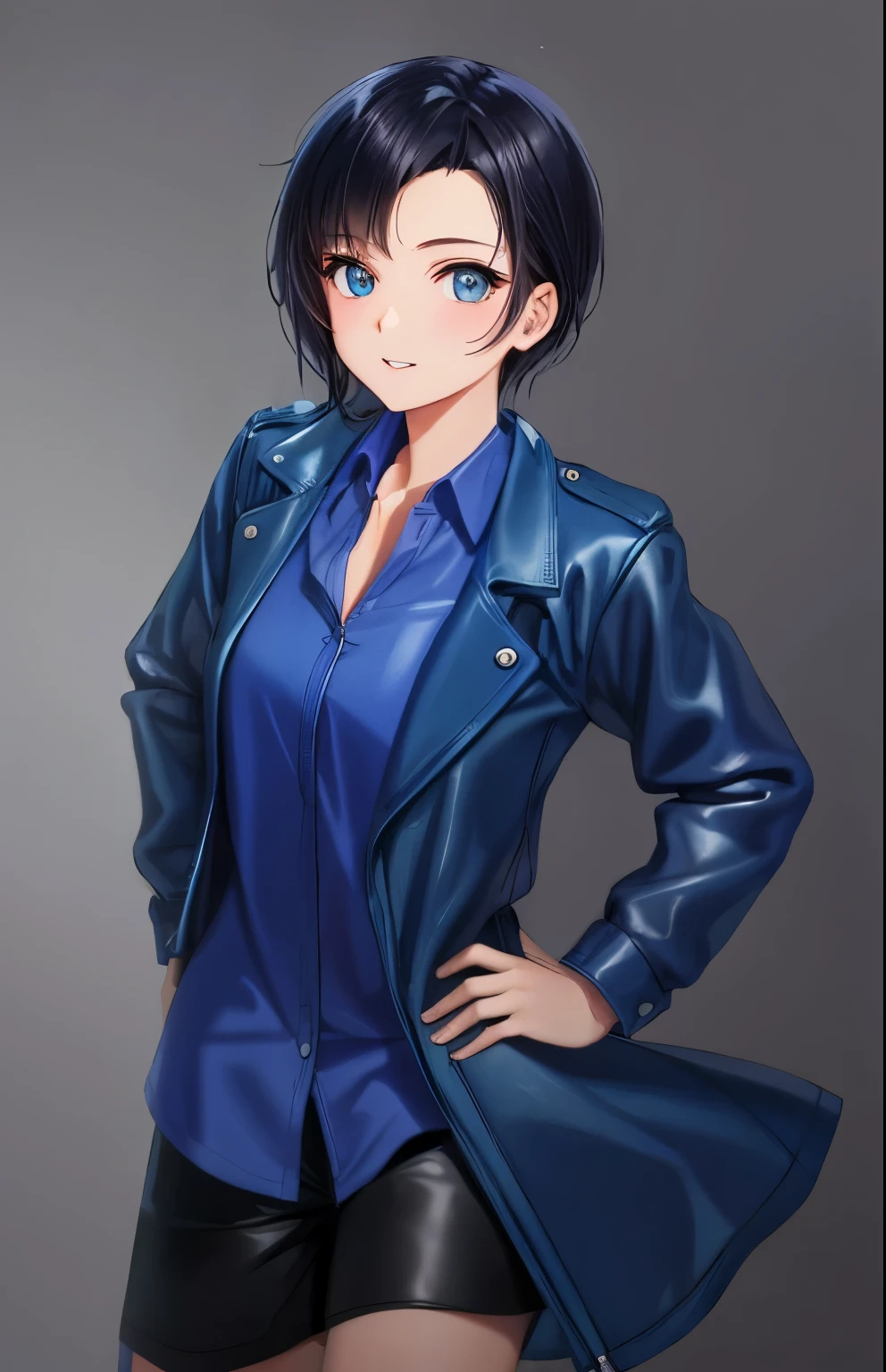 high resolution、Wearing a blue leather jacket and blue leather shorts。Wearing a light purple shirt。Black Hair。No background。