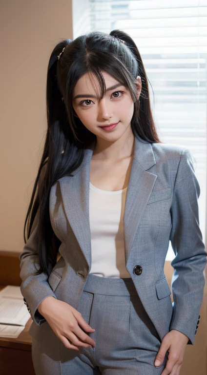 Mioda Ibuki /(danganronpa/), The bank is very detailed, Masterpiece, clarification, 8K, Masterpiece, Realistic shadows, Regression, Volumetric lighting, cute, ambient lighting, Cowboy shot, Colorful, Beautiful detailed eyes 1girl, Single, (original outfit), He smiles, {Office wallpaper}, Formal suit