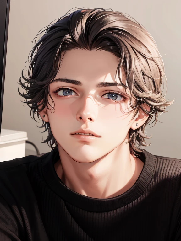 arafed young man with a black sweater sitting in front of a computer, tommy 1 6 years old, anato finnstark. perfect faces, long spiky fluffy smooth hair, perfect handsome face, xqc, perfect face and boy, handsome face, halfbody headshot, luca, he is about 20 years old, he is about 2 0 years old
