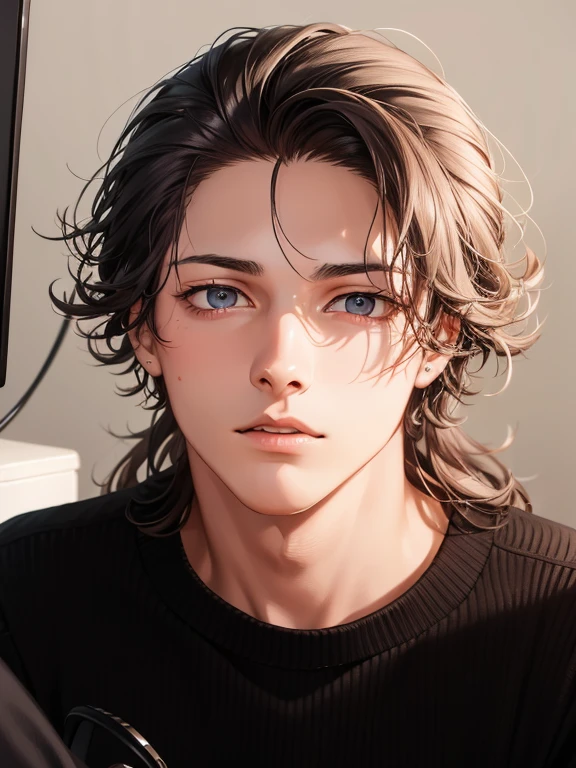 arafed young man with a black sweater sitting in front of a computer, tommy 1 s old, anato finnstark. perfect faces, long spiky fluffy smooth hair, perfect handsome face, xqc, perfect face and boy, handsome face, halfbody headshot, luca, he is about 20 years old, he is about 2 0 years old