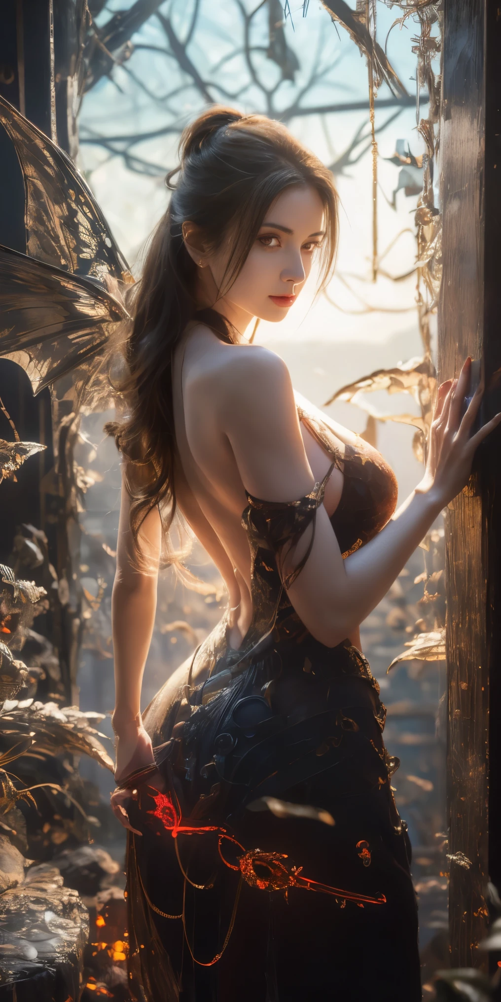 (The best illustrations)、realisitic、ultra-detailliert、The best lighting、Best Shadows、alluring succubus, ethereal beauty, perched on a cloud, (fantasy illustration:1.3), enchanting gaze, captivating pose, delicate wings, otherworldly charm, mystical sky, (Luis Royo:1.2), (Yoshitaka Amano:1.1), Dungeon and Dragon、caves、Dungeon、 A Necromancer、natta、Dark style、Succubus、Devil's Daughter、Bat Wings，(((Demon Hornlack-rimmed round glasses))))、(red eyes glowing:1.6)、​beautiful countenance、Tindall Effect、(High Detail Skins:1.2) absurderes、Ponytail distortion、jewely、Beautiful expression、Toned waist、Wide buttocks、Tindall Effectmasuter piece、top-quality、Highest Standards、Top image quality、masutepiece、intricate detailes、High resolution、Depth Field、natural soft light、profetional lighting、Great smile、(High Detail Skin: 1.2)、photorealistic anime girl render、Strong highlights of the eyes、Perfect Anatomy、crotch open、Shy、Spreading your legs、Panties are visible、Skirt flipping、Body shiny with oilerectile nipple))、8K resolution、intricate clothing、Intricate details