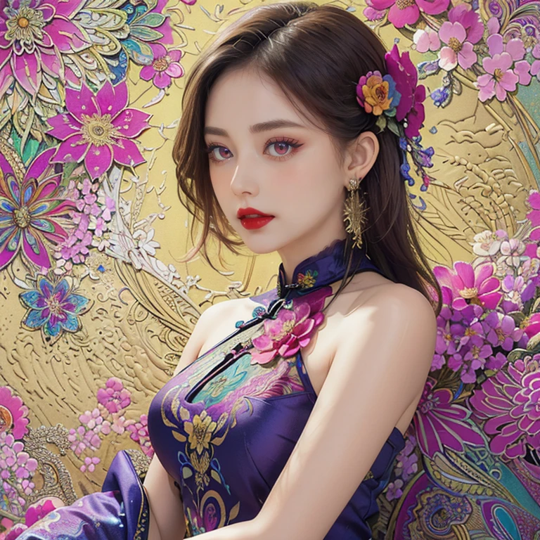 (masterpiece, top quality, best quality, official art, Beautiful and beautiful:1.2), (1 Girl:1.3), Extremely detailed,(Fractal Art:1.1),(rich and colorful:1.1)(Flowers:1.3),The most detailed,(Zentangle:1.2), (Dynamic poses), (Abstract Background:1.3), (cheongsam:1.2), (Glowing skin), (Many colors:1.4), ,(earrings:1.4),