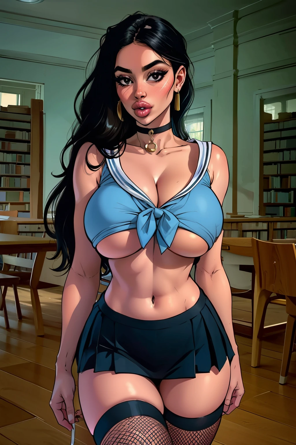 1girl,solo,(lshort-sleeved JK_sailor),JK_style,(dark blue JK_skirt),(bow JK_tie),(Inside the library:1.2),realistic,fully body,black hair,long hair,black eyes,lips,parted lips,collarbone,bare shoulders,portrait,nose,Best quality,masterpiece,ultra high res,(photorealistic:1.4),raw photo, choker, cropped top, underboob, fishnet thigh highs, fishnet arm sleeves, dog collar, tongue out