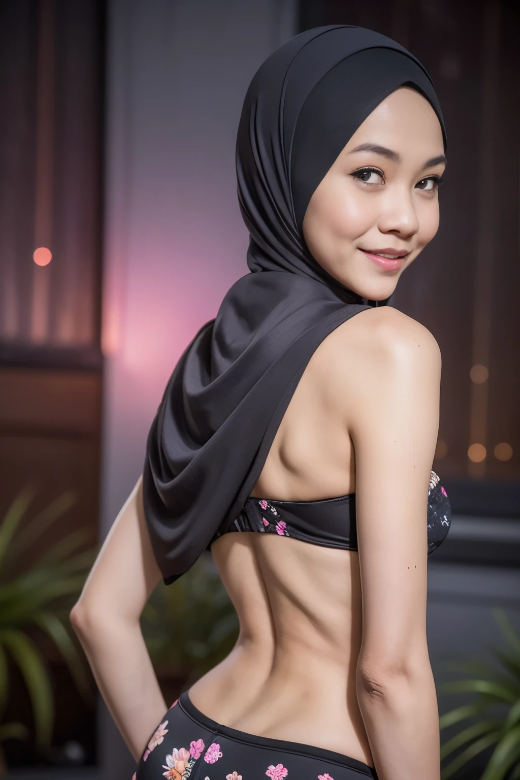 ((Flat Chest:1.5)), (Happy smile), (((HIJAB MALAY GIRL))), masutepiece, High quality, UHD 32K, Realistic face, Realistic skin feeling , A Japanese Lady, 58 years old matured lady, , Very cute and baby-like face, (((FLAT CHEST))), (Night time at forest), ((look In front  at the camera and SADNESS)), (((GREY FLUORESCENT))), (((CUTE GIRL))), ((GREY FLUORESCENT LIPS)), ((Floral Pattern)) little wearing satin strapless, dark night background , black forest night, horror scary place, (from behind up) seductive pose