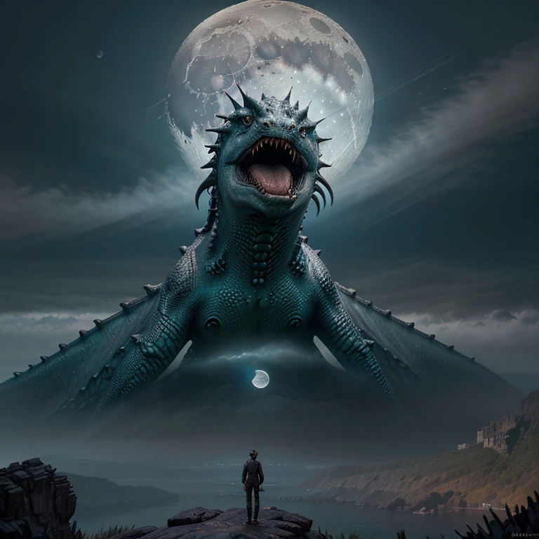 a highly detailed matte painting of a man on a hill watching a giant sea dragon monster eating the moon, by artgerm, by wlop, by greg rutkowski, volumetric lighting, octane render, 4k resolution, trending on artstation, masterpiece