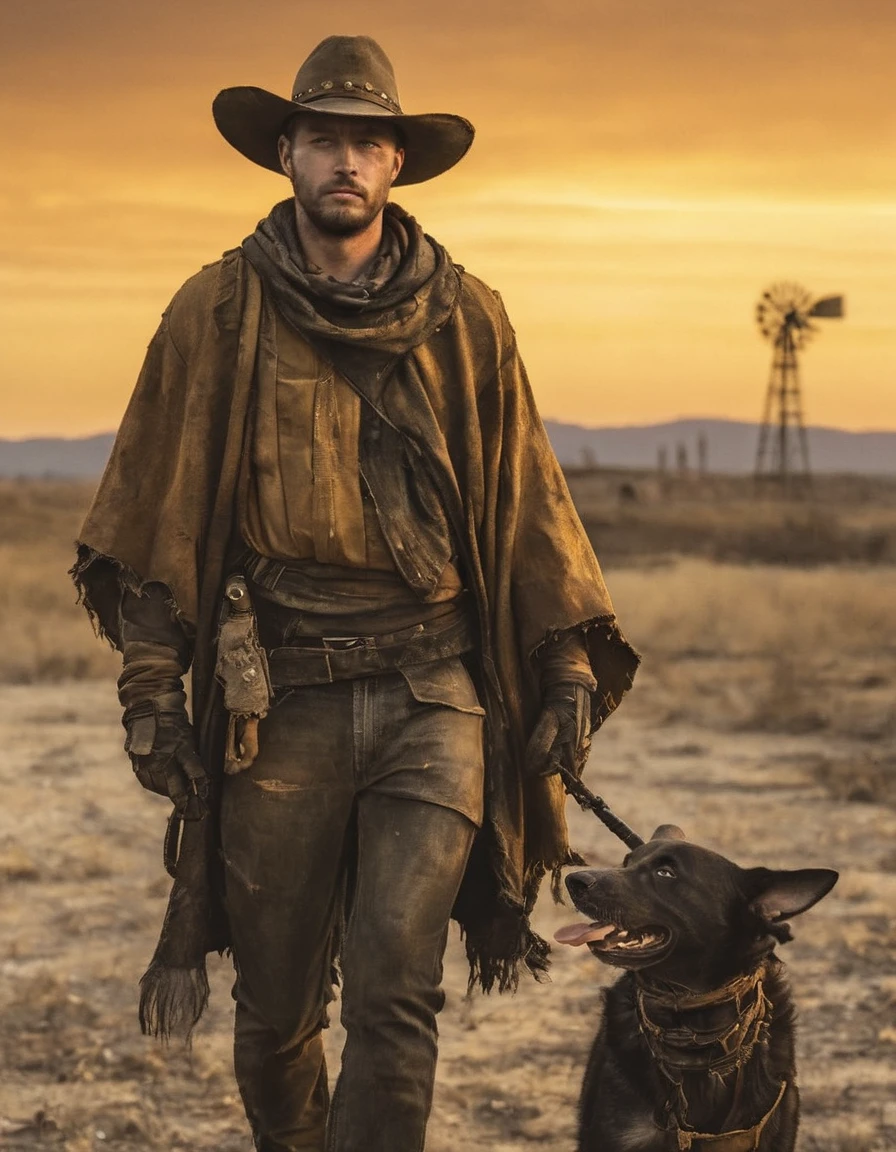 Post-apocalyptic scene captures a gaunt man garbed in a tattered poncho and cowboy hat, striding into the distance across an abandoned wasteland, a Winchester casually resting on his shoulders, accompanied by a steadfast shepherd dog, the horizon punctuated by the remnants of civilization, all bathed in the amber hues of a setting sun casting elongated shadows, color palette reminiscent of "Fallout"