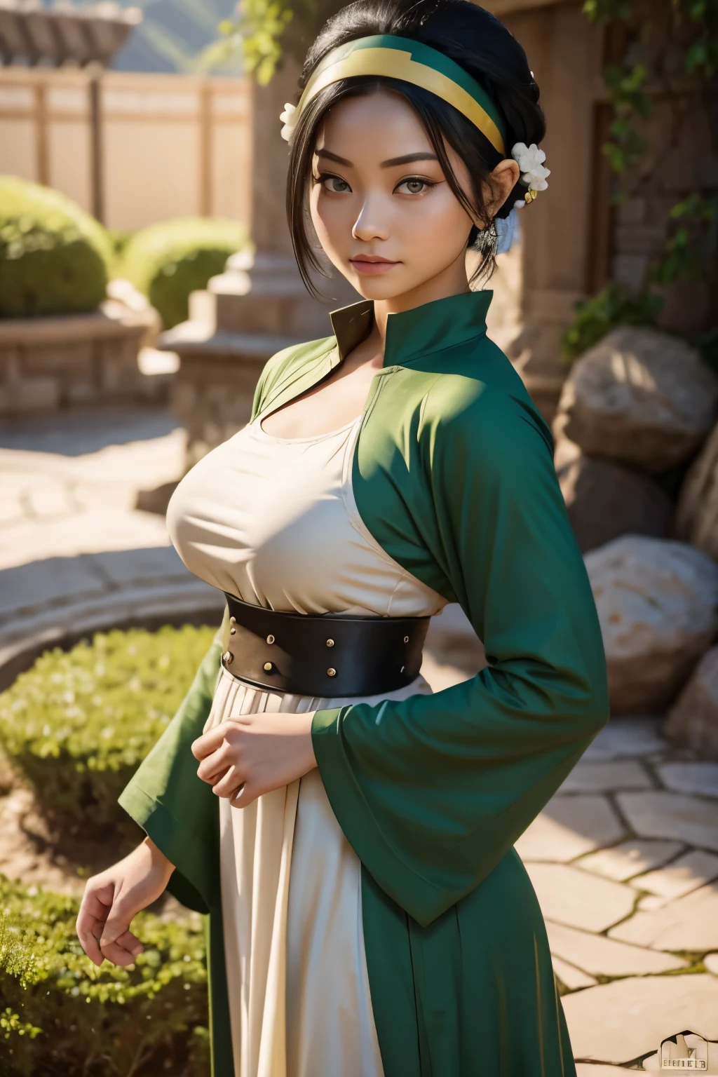 Toph beifong from avatar, ((Toph beigong)), earthbender clothes, earth tribe clothes, toph clothes, large breasts and wide hips, perfect and full lips, round grat eyes looking at the viewer, ((Lana Condor)), pale skin, curvy body,  avatar the legend of aang, avatar, earthbender background, black hair tied into a bun with a headband , attention to detail, focus, sharpness, absurd details, realism, hyper focus, perfect fingers, well-drawn lips, clear face, colors in tone pastel, fhd, 4k, high resolution, dynamic poses, clear faces, soft expressions, gentle smile  