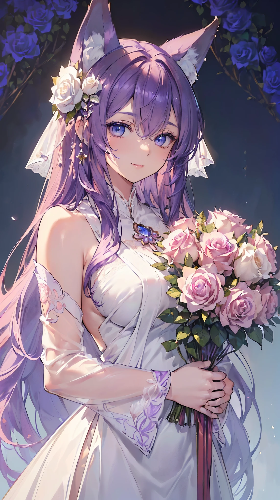 (((masterpiece))), (((highest quality))), ((ultra-detailed)), ((super fine illustration)), ((ultra-fine painting)), (16K highest quality wallpaper:1.4), (upper body:1.4), (Highly detailed and delicate illustration style:1.8), detailed skin texture, detailed cloth texture, detailed rose flower texture, extreme detailed description, (T-masterpiece), (highly detailed face:1.4), original, RAW photo, professional, Intricate details, super details, Direct light:1.6, (perfect anatomy:1.4), (highly detailed hands:1.2), (highly detailed fingers:1.2), (highly detailed fingertips:1.2), (27-years-old), real, (solo:1.6), (A very beautiful and attractive purple fox fashion model who is a messenger of God and a traditional sacred shrine maiden:1.4) BRAKE (Beautiful and adorable purple fox ears:1.6), (Highly detailed and delicate purple fox ears:1.4), (beautiful and well-shaped big breasts:1.2), (beautiful and well-shaped buttocks), (beautiful and shiny purple hair:1.6), (highly detailed and delicate purple hair:1.4), (beautiful clear blue eyes that shine with great detail:1.6), (highly detailed and delicate blue eyes:1.2), (highly detailed face:1.4), (smile:1.4), (looking at viewer:1.4), (standing:1.4), (Celebration:1.4) BRAKE ((A beautiful and gorgeous princess dress that is detailed and delicate to be worn at celebratory occasions:1.4)) BRAKE ((Holding in both hands a large bouquet of highly detailed and delicate ((white and pink roses)):1.3)) BRAKE (Just after noon:1.4), (Celebration:1.4), (((Highly detailed and delicate white rose flower and pink rose flower garden background:1.3))), (Highly detailed and delicate royal palace courtyard background in just after noon in spring:1.3) BRAKE
