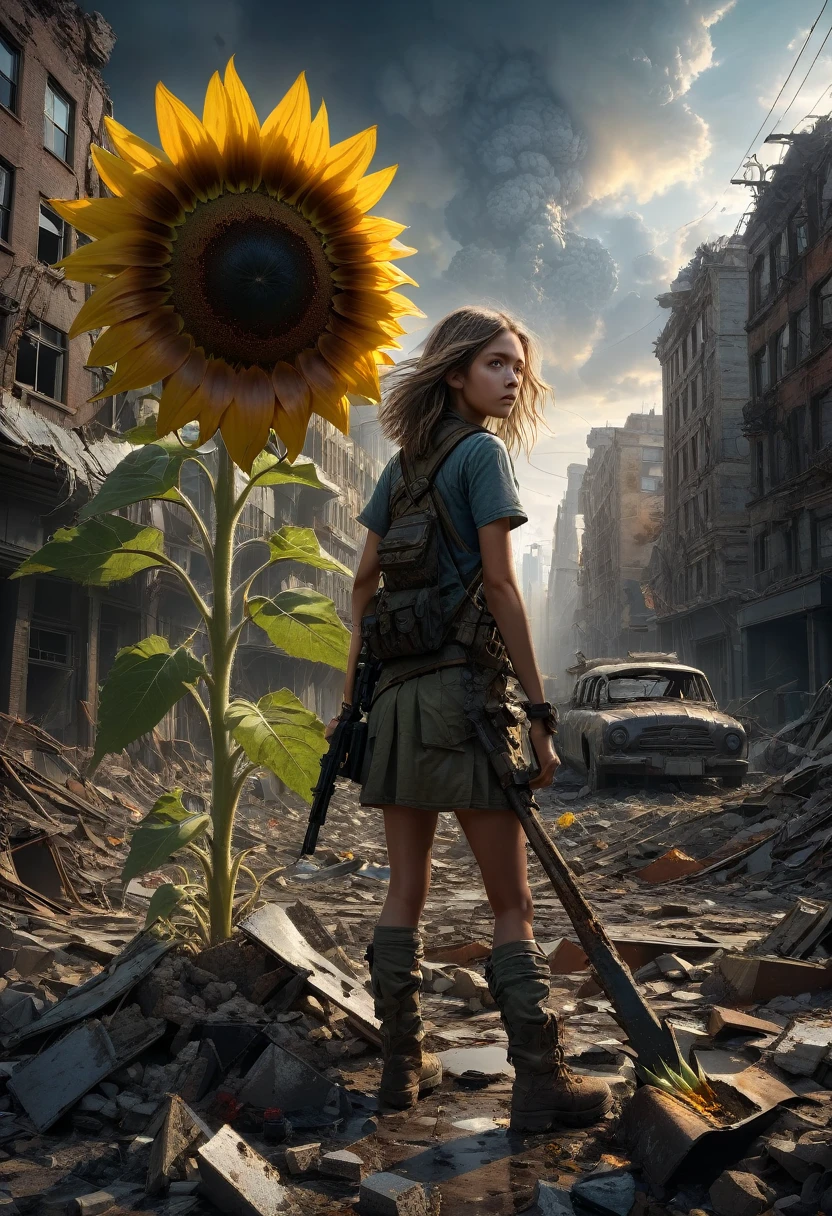 1girl, Post-Apocalyptic Wasteland, Giant sunflower growing from rubble, Scavengers digging through a post-apocalyptic city after the end of the world Epic cinematic brilliant stunning intricate meticulously detailed dramatic atmospheric maximalist digital matte painting volumetric lighting concept art
