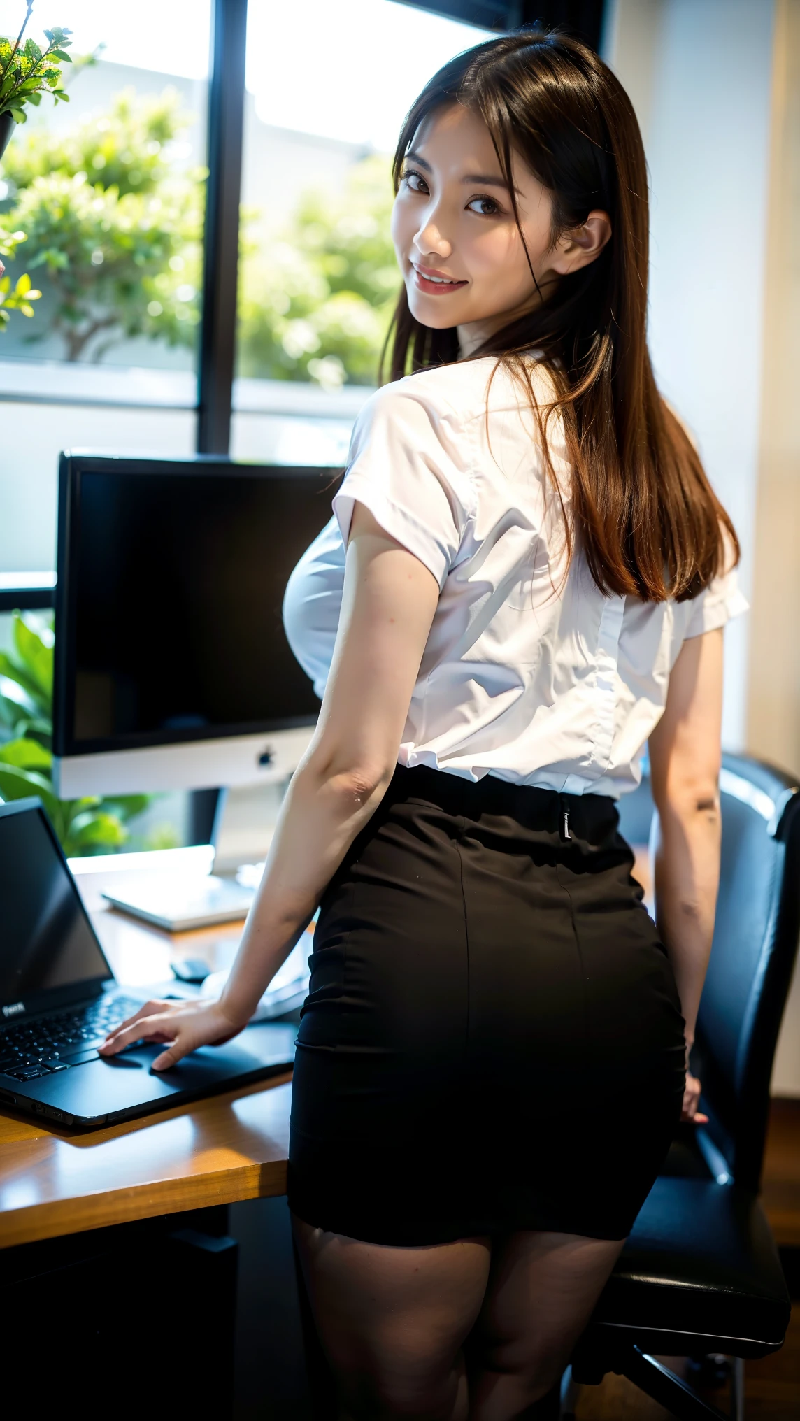 8K,top-quality、facefocus、Bright daytime office、(depth of fields)、超A high resolution、(Photorealsitic:1.4)、Raw photography、(portlate:1.4)、
1 Japan Girl, 22-year-old office lady、back viewing、solo, cute little, (A smile:1.1),, Detail Beautiful Face, 
s Office、(large full breasts:1.2)、(Business Suit Skirt)、thighs thighs thighs thighs