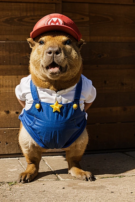 a standing capybara wearing a mario bross outfit