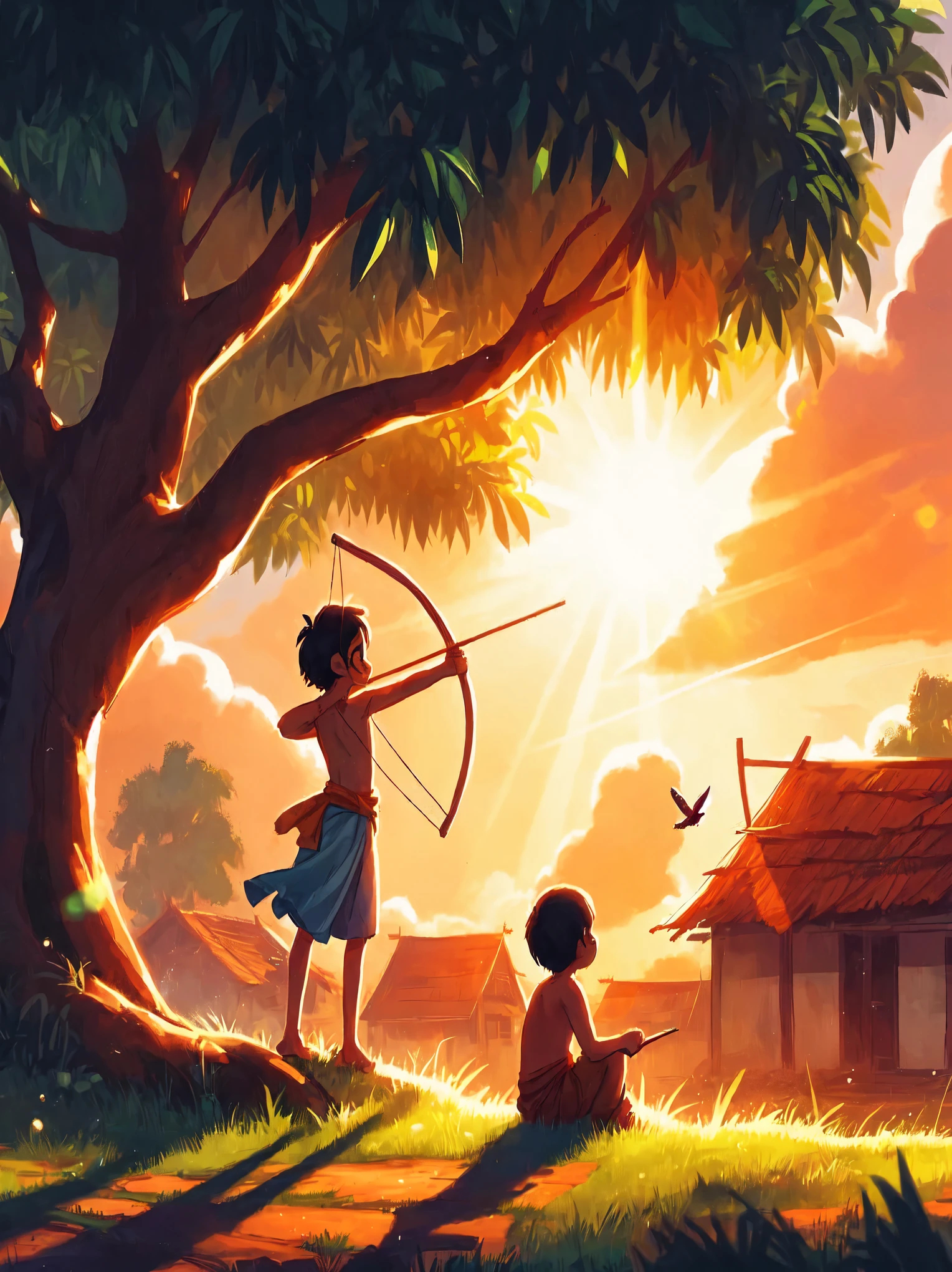 Draw a simple anime art scene of two Indian  playing with a slingshot under a mango tree, sunlight passing through the tree, sombra, cena da aldeia indiana, nuvens, vibrant sky, linda paleta de cores, cores saturadas vibrantes, nenhum humano