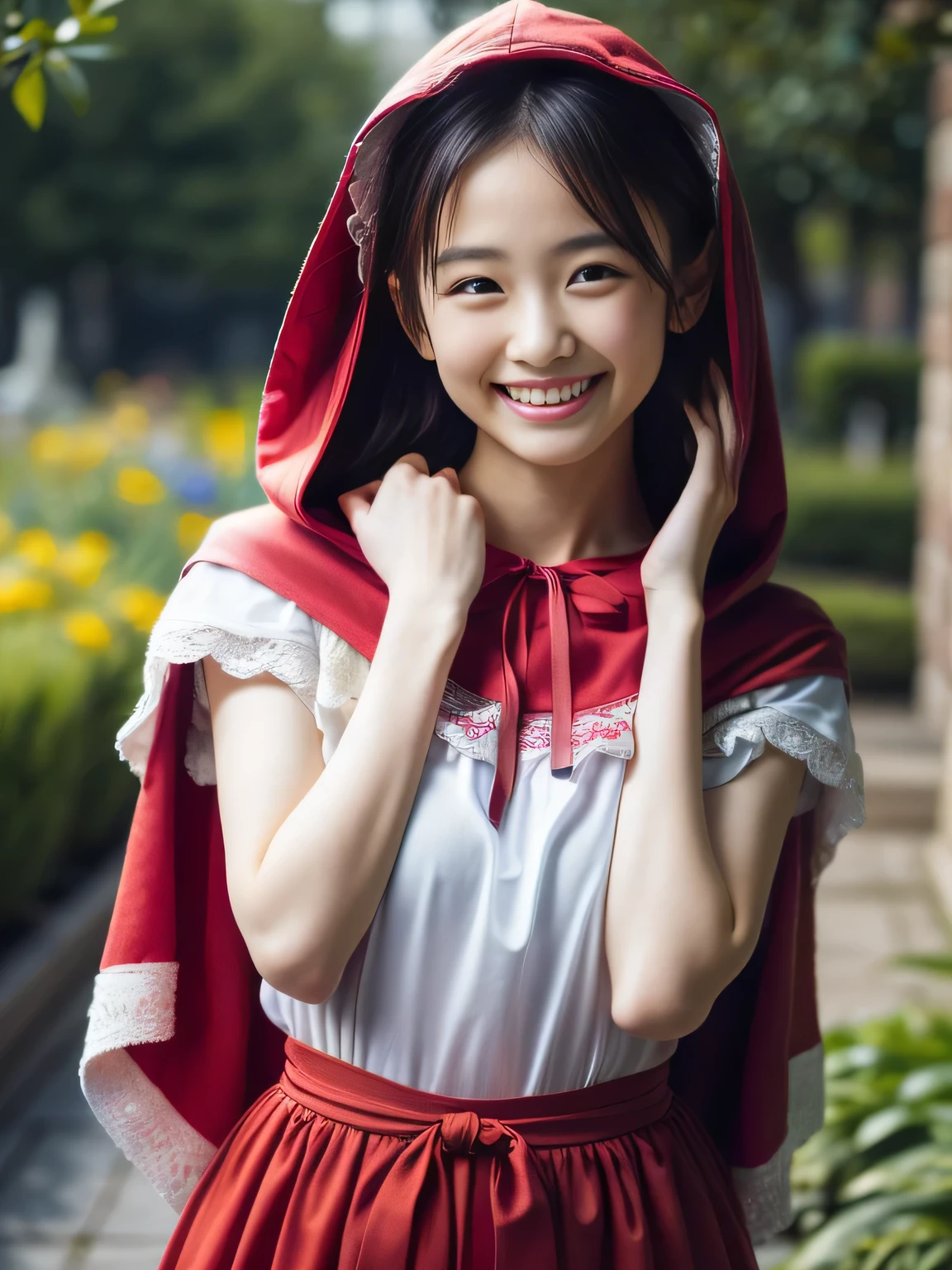 (best quality,ultra detailed,highres,HDR,8k,3D,realistic,photorealistic,super fine,cinematic natural light effects,official art,detailed background), ((very happy girl smile,young,Japanese,small face beauty):1.3), ((Happy days),(kawaii,round face,small face beauty):1.3), ((clothes reflecting light,elaborately designed clothes:1.3,super detailed skin):1.3), (dynamic pose:1.3), (multicolored hair:1.2), (Dip dye hair:1.1), (large breasts:1.3), (wide hips:1.3), (big red riding hood: 1.3), (Delicate dress), (Small face: 1.2), (Fairy-tale world feeling: 1.1) , (Put the wicker basket on the ground:1), (A garden with multiple flowers blooming, a secret garden:1.2)