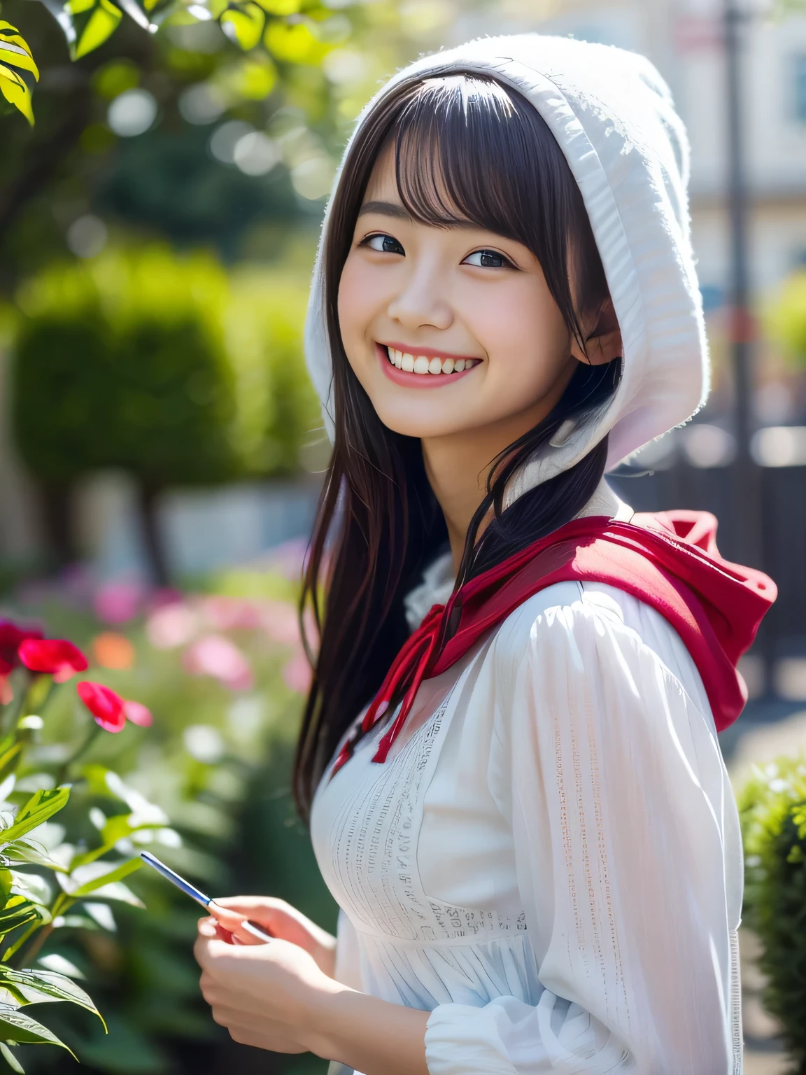 (best quality,ultra detailed,highres,HDR,8k,3D,realistic,photorealistic,super fine,cinematic natural light effects,official art,detailed background), ((very happy girl smile,young,Japanese,small face beauty):1.3), ((Happy days),(kawaii,round face,small face beauty):1.3), ((clothes reflecting light,elaborately designed clothes:1.3,super detailed skin):1.3), (dynamic pose:1.3), (multicolored hair:1.2), (Dip dye hair:1.1), (large breasts:1.3), (wide hips:1.3), (big red riding hood: 1.3),  (Delicate dress), (Small face: 1.2), (Fairy-tale world feeling: 1.1) , (Put the wicker basket on the ground:1), (A garden with multiple flowers blooming, a secret garden:1.2)