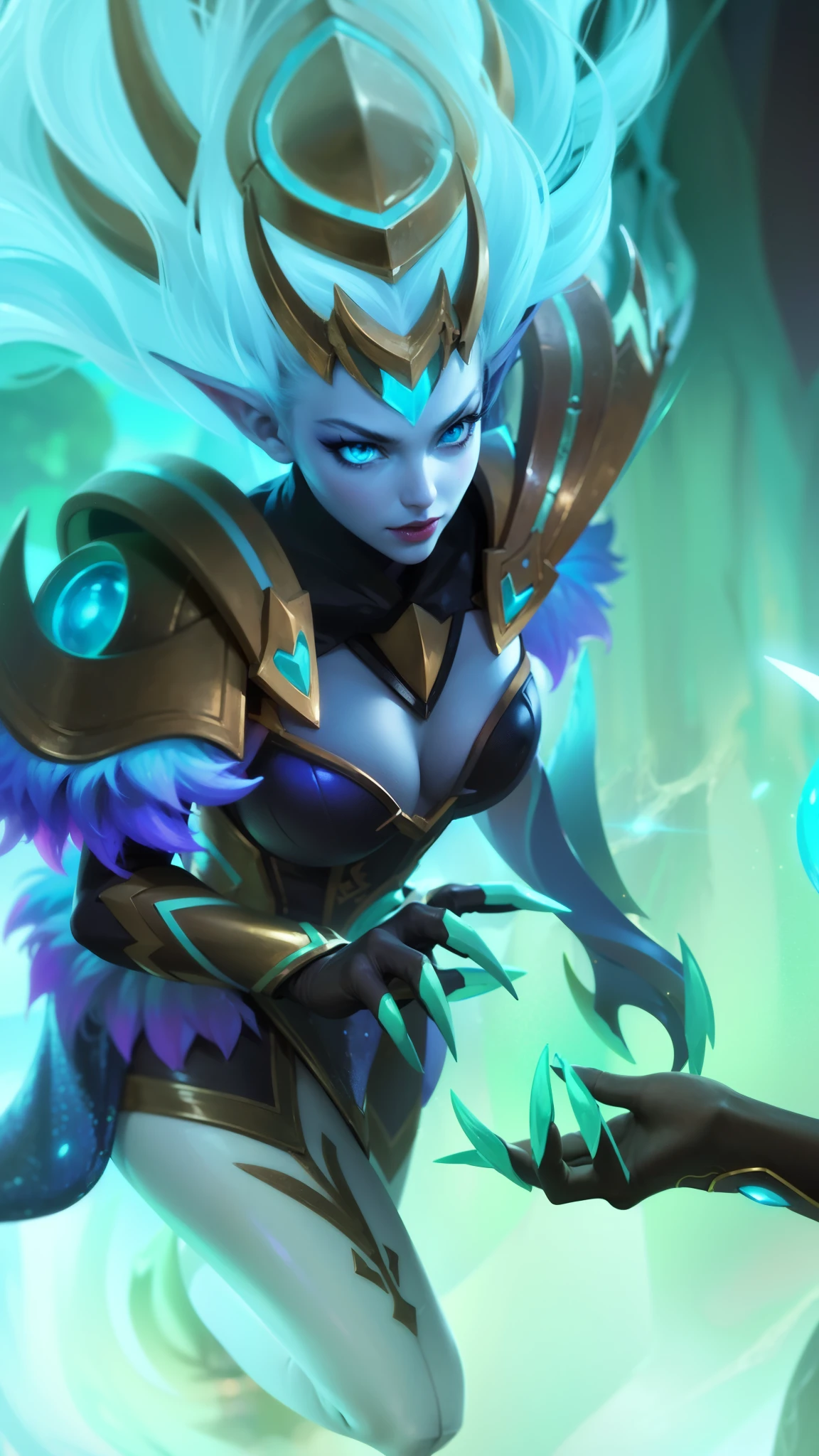 (female:1.2), 8k, ultra hd, ultra detailed texture, hyper realistic, masterpiece, detailed texture, detailed face, detailed skin, detailed lighting, (photorealistic:1.5), best quality, beautiful lighting, cinematic lighting, professional lighting, ultra highres, realistic, detailed hair, real hair, high quality, (realskin:1.5), extremely detailed, finely detail, ultra-detailed, 1girl, solo, elf, pointy ears, standing, demon horns, forehead protector, (blue eyes:1.5), v-shapped eyebrow, lips, red lips, evil smile, nose, make up, pretty, beautiful, long hair, blue hair, high ponytail, large breasts, cleavage, armpit, navel, stomach, black armor, pauldrons, bare shoulders, shoulder armor, thigh high, sleevless, detached sleeves, breastplate, gauntlets, karina \(mobile legends\), depth of field, looking aways, white skin, skin tight, amazing pose, outdoors, glowing, dark view