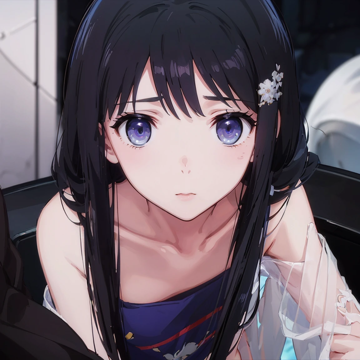 2D, masterpiece, highest quality, anime, Very detailed, One girl, alone, lily, Purple eyes, Black Hair, Hair between the eyes, Hair Clip,(( nsfw、　nude)）,flat chest、Snow Ornaments、Sima Shenxue、On all fours、leaning forward、looking at the camera、((Face is close))、I love you、