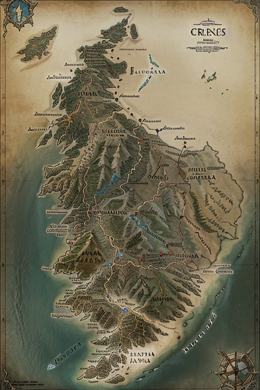 criar um mapa com Westeros no ocidente, Middle Earth in the center and from Mordor in the far east of this map, interligado por terra, o Continente do mundo de The Witcher.