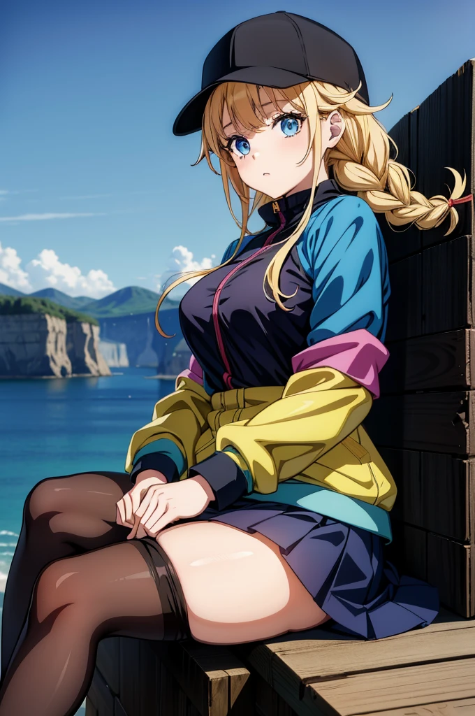 anime anime girl with hat sitting at edge of cliff, looking down, 1girl, solo, blue eyes, blonde hair, hat, sitting, breasts, twin braids, jacket, multicolored jacket, braid, skirt, looking at viewer, pantyhose, large breasts, baseball cap, shoes, bangs, black footwear