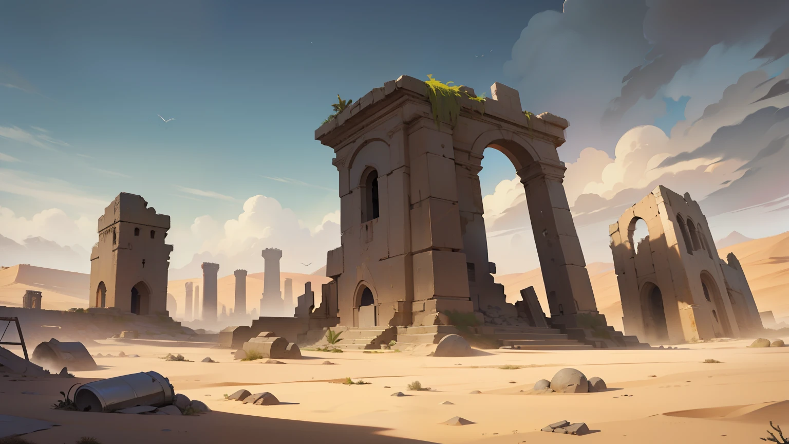 there is a photo of a desert with a tower in the middle, EPIC BUILDING IN THE DESERT, templo do deserto, arte conceitual de meio ambiente, estilo andreas rocha, Arte conceitual digital suave, arte conceitual de pintura digital, pictorial conceptual art, estilo de arte conceitual, por Aleksander Gine, Landscape of ruins, arte conceitual digital de alta qualidade, meio ambiente e arte conceitual, FUTURISTIC CITY IN RUINS
