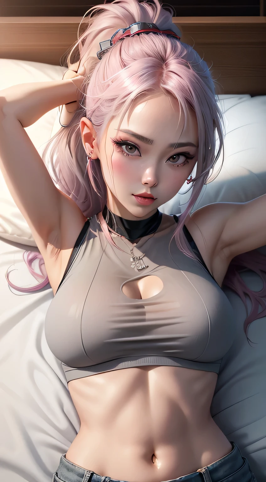 sfw, ((transparent clothing)), ((lying on bed top view)), Ultra high quality,8K,gal girl,Sexy and feminine, high and cold,Enchanting,The head proportions are perfect,Gray high ponytail,Wear a sweatshirt monogram print, Short red high-waisted skirt,Flaming red lips,Swan neck,chokers,sun is shining, wearing bra,((skinny waist)), young asian girl, ((big breasted)),