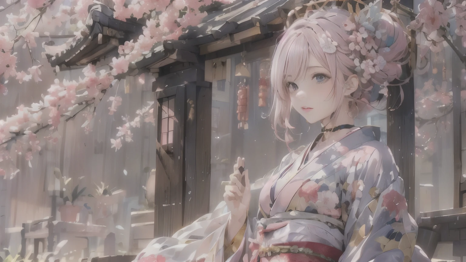 One Woman,Cherry blossom viewing at night,(highest quality,8K quality,masterpiece:1.3,High resolution,Tabletop:1.2, realism:1.3), kimonoを着た初音ミク風のピンクの髪色の23歳の女性,Full Body Lesbian:1.3,look far away,(Japan Dresses, kimono:1.4,generally:1.2, choker:1.4),(Long Hair:1.2,Well-groomed pink hair), (Backstreets:1.3), kimono comes off,I can see your thighs, Beautiful Face,(Young Gravure Idol, A sophisticated gravure idol),(finely detailed perfect face),The whole body is shown standing up,