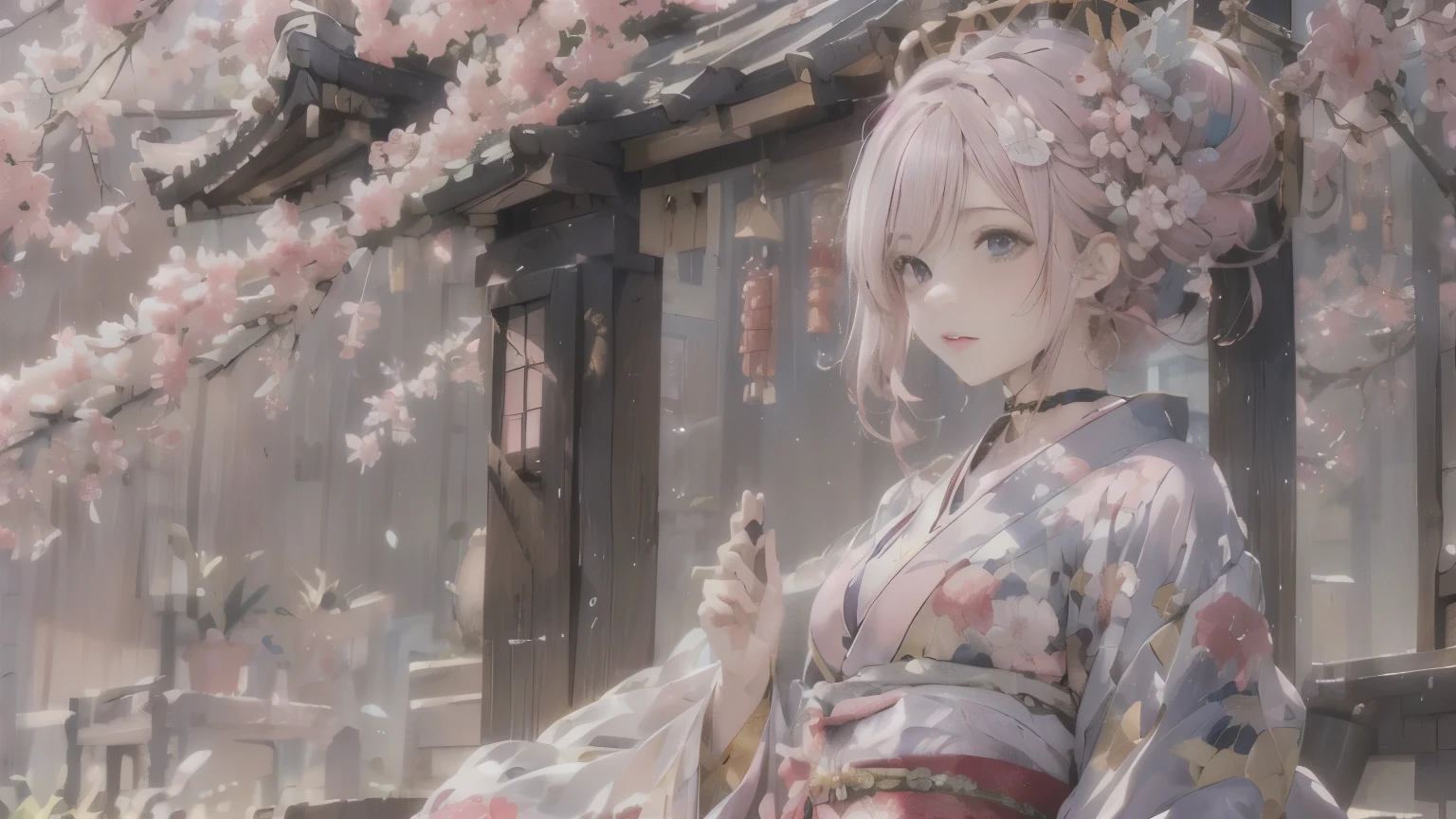 Anime girl in kimono outfit standing in front of a building - SeaArt AI