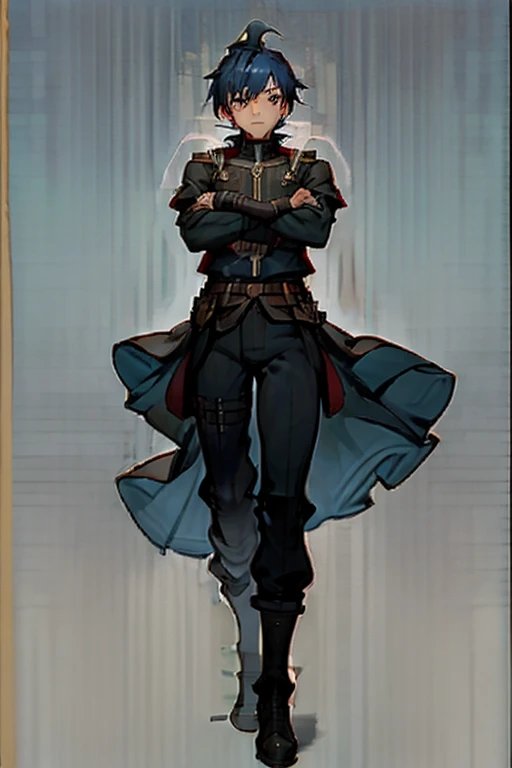 estilo anime, homem, Guerreiro de armadura negra e vermelha, olhos vermelhos, cabelos curtos e brancos, crossed arms, prominent muscles, tatuagem no ombro direito, Twist naked, corpo inteiro, botas de metal negro, clima quente, cores vividas, magnificent blue sky, folhas levadas pelo vento, cinematic shading, CG anime