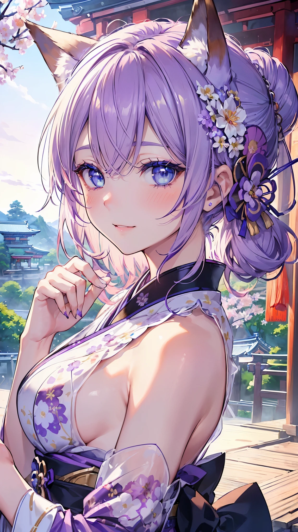 (((Masterpiece))), (((Highest quality))), ((Ultra-detailed)), ((Super fine illustration)), ((Ultra-fine painting)), (16K highest quality wallpaper:1.4), (Upper body:1.6), HDR, (Highly detailed and delicate illustration style:1.8), Detailed skin texture, Detailed cloth texture, Extreme detailed description, (T-masterpiece), Original, RAW photo, Professional, Intricate details, Super details, Direct light:1.6, (27-years-old), Real, (Solo:1.6), ((A very beautiful and attractive purple fox model who is a messenger of God and a traditional Japanese sacred shrine maiden:1.4)), (Highly detailed face:1.4), (Highly detailed purple fox ears:1.4), (Highly detailed beautiful and shiny purple ponytail:1.4), (Highly detailed beautiful and clear blue eyes:1.4), (Perfect anatomy:1.4), (Highly detailed hands:1.2), (Highly detailed fingers:1.2), (Highly detailed fingertips:1.2)
BRAKE
(Beautiful and adorable purple fox ears:1.6), (Highly detailed and delicate purple fox ears:1.2), (Beautiful and well-shaped big breasts:1.2), (Beautiful and well-shaped buttocks), (Beautiful and shiny purple ponytail:1.6), (Highly detailed and delicate purple ponytail:1.2), (Beautiful clear blue eyes that shine with great detail:1.6), (Highly detailed and delicate blue eyes:1.2), (Highly detailed face:1.4), (Smile:1.5), (Blush:1.3), (Looking at viewer:1.4), (Celebration:1.4)
BRAKE
((Brightly white and purple colored) and divine traditional shrine maiden costumes at Japanese shrines:1.4), (Japanese divine traditional costume:1.2) BRAKE
((Highly detailed and beautiful Ise Grand Shrine in Mie Prefecture just after noon in spring in the background:1.6), (Celebration:1.4), Ise Grand Shrine:1.2, Highly beautiful in the sunny sky background just after noon:1.2)
BRAKE