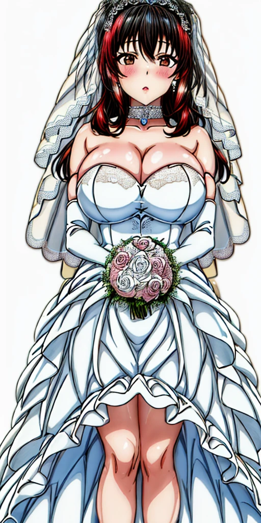Roxanne, Close-up of beautiful bride wearing beautiful wedding dress, Gurwitz, (bridal veil:1.5), (Transparent short veil:1.5), Blushing face, head flower, headgear, (tube top wedding dress: 1.5), (Silk dress: 1.2) (Strapless wedding dress: 1.5) pure white dress, necklace, earrings, (large breasts:1.3), Deep V peach heart collar wedding dress, bangs, lipstick, (lace gloves: 1.3), whole body, high detail RAW color art, Long white dress, whole body, place your hands behind your back