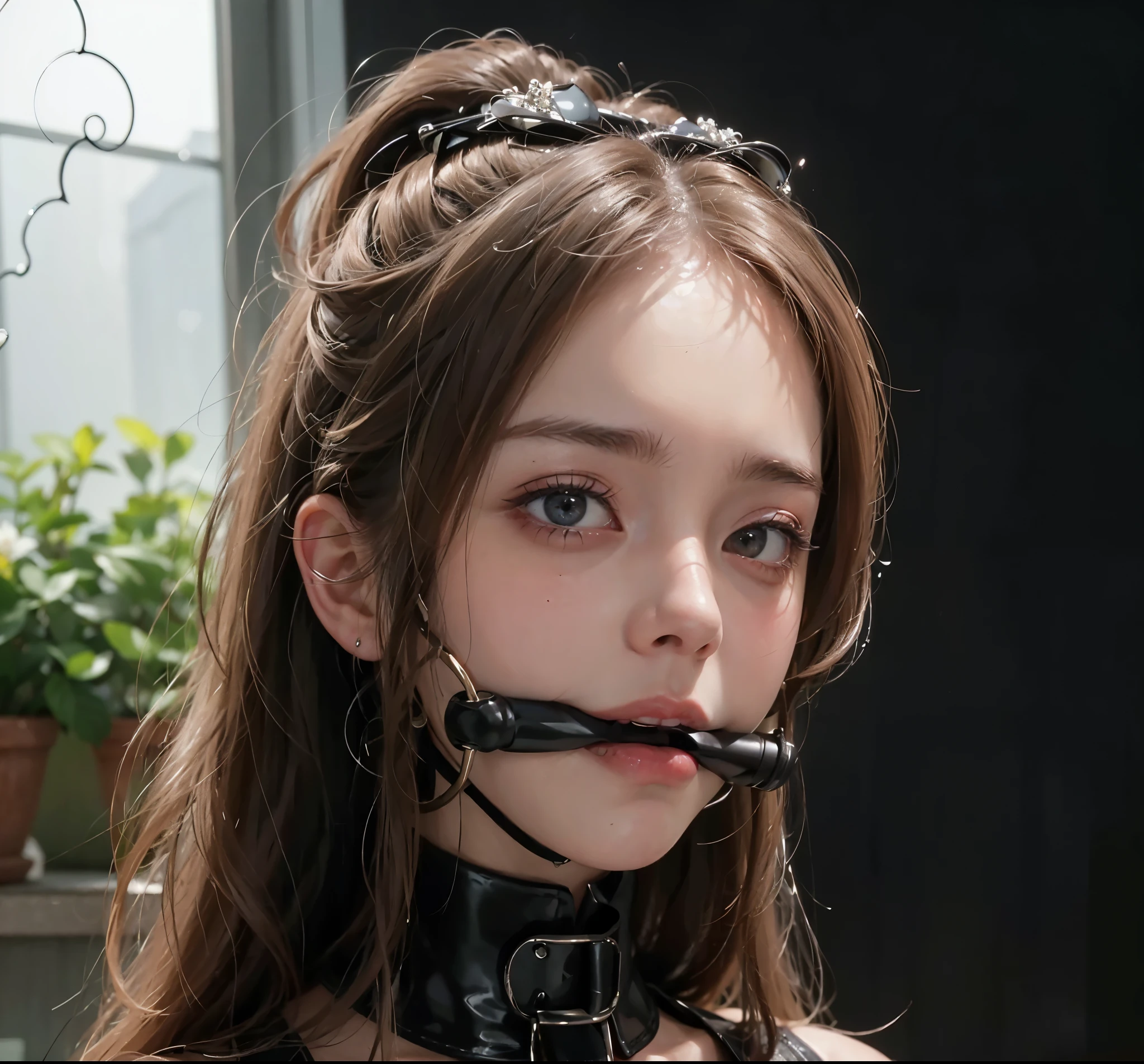 (masterpiece), (best quality), (ultra-detailed), (realistic, photo-realistic:1.2), woman,beauty,collar,bit gag,blush,embarrassed look
