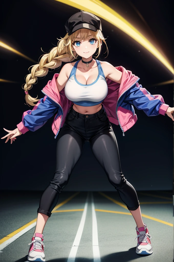 the woman in a cartoonish look is wearing a jacket and sneakers, 1girl, solo, breasts, blonde hair, jacket, blue eyes, shoes, braid, large breasts, navel, blue jacket, long hair, midriff, pants, black pants, looking at viewer, sneakers, twin braids, open clothes, bare shoulders, hat, open jacket, choker, off shoulder, tight pants, smile, full body, cleavage, long sleeves, crop top, standing, sleeveless, black headwear