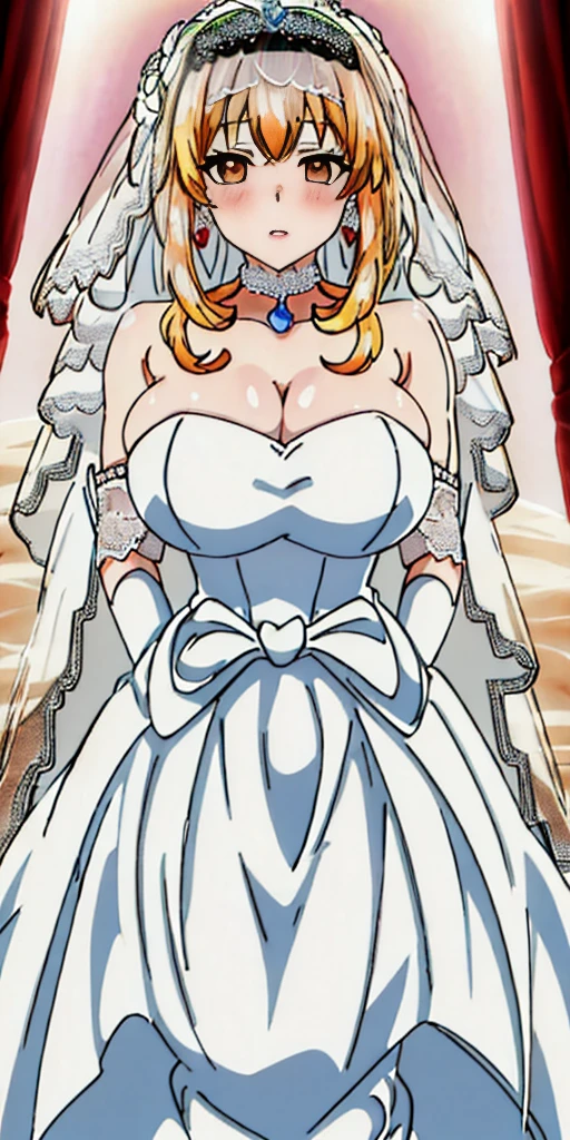Roxanne, Close-up of beautiful bride wearing beautiful wedding dress, Gurwitz, (bridal veil:1.5), (Transparent short veil:1.5), Blushing face, head flower, headgear, (tube top wedding dress: 1.5), (Silk dress: 1.2) (Strapless wedding dress: 1.5) pure white dress, necklace, earrings, (large breasts:1.3), Deep V peach heart collar wedding dress, bangs, lipstick, (lace gloves: 1.3), whole body, high detail RAW color art, Long white dress, whole body, place your hands behind your back