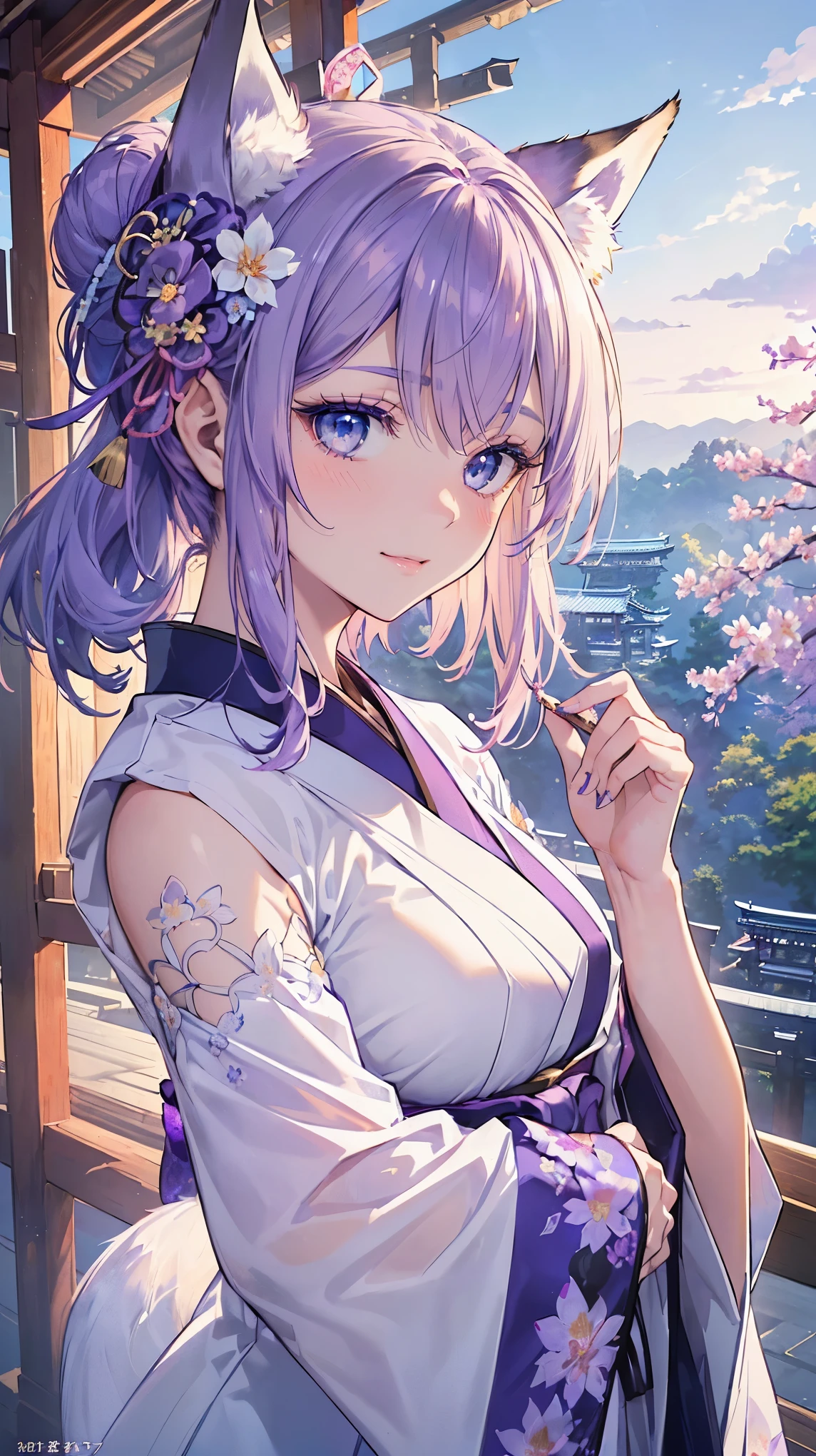 (((Masterpiece))), (((Highest quality))), ((Ultra-detailed)), ((Super fine illustration)), ((Ultra-fine painting)), (16K highest quality wallpaper:1.4), (Upper body:1.6), HDR, (Highly detailed and delicate illustration style:1.8), Detailed skin texture, Detailed cloth texture, Extreme detailed description, (T-masterpiece), (Highly detailed face:1.2), (Highly detailed purplefox ears:1.2), (Highly detailed shiny purple half updo:1.2), (Highly detailed clear blue eyes:1.2), Original, RAW photo, Professional, Intricate details, Super details, Direct light:1.6, (Perfect anatomy:1.4), (Highly detailed hands:1.2), (Highly detailed fingers:1.2), (Highly detailed fingertips:1.2), (27-years-old), Real, (Solo:1.8), ((A very beautiful and attractive purple fox fashion model with blue eyes wearing a bright purple furisode with a floral pattern:1.4)) BRAKE (Beautiful and adorable purple fox ears:1.6), (Highly detailed and delicate purple fox ears:1.4), (Beautiful and well-shaped big breasts:1.2), (Beautiful and well-shaped buttocks), (Beautiful and shiny purple half updo:1.4), (Highly detailed and delicate purple half updo:1.2), (Beautiful clear blue eyes that shine with great detail:1.6), (Highly detailed and delicate blue eyes:1.2), (Highly detailed face:1.4), (Smile:1.5), (Blush:1.4), (Looking at viewer:1.4), (Celebration:1.4) BRAKE (Bright purple furisode with floral pattern:1.4), (Japanese traditional costume:1.2) BRAKE (Concept art:1.2), (Detailed fantasy art:1.2) BRAKE (Highly detailed and delicate Ise Grand Shrine in Mie Prefecture in the background just after noon in spring:1.6), (Celebration:1.4), Ise Grand Shrine:1.4, Torii gate of Ise Shrine:1.4, cherry blossoms:1.2, Very beautiful in the sunny sky background just after noon:1.4 BRAKE