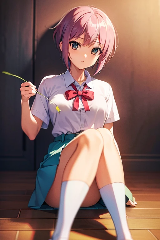 (masterpiece, top quality, best quality, official art, beautiful and aesthetic:1.2), (1girl),upper body, extreme detailed,(fractal art:1.3),colorful,highest detailed, ichikanakano, ichika nakano, short hair, bangs, blue eyes, hair between eyes, pink hair, BREAK skirt, shirt, , white shirt, short sleeves, pleated skirt, shoes, socks, collared shirt, bare foot, detailed feet, toes, feet, sweater, white socks, green skirt, loafers, clothes around waist, BREAK looking at viewer, BREAK indoors, classroom, pov from feet, (masterpiece:1.2), best quality, high resolution, unity 8k wallpaper, (illustration:0.8), (beautiful detailed eyes:1.6), extremely detailed face, perfect lighting, extremely detailed CG, (perfect hands, perfect anatomy),
