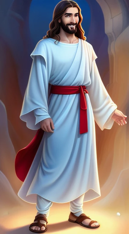 Original art quality, full body picture, Disney character animation style, young and handsome Jesus God, standing posture, hands naturally placed on both sides, looking ahead, gentle expression and smiling, eyes full of light, background light blue, translucent, with light as the theme, the focus of light is on the characters, the overall picture is fresh and bright. Red sash across his body