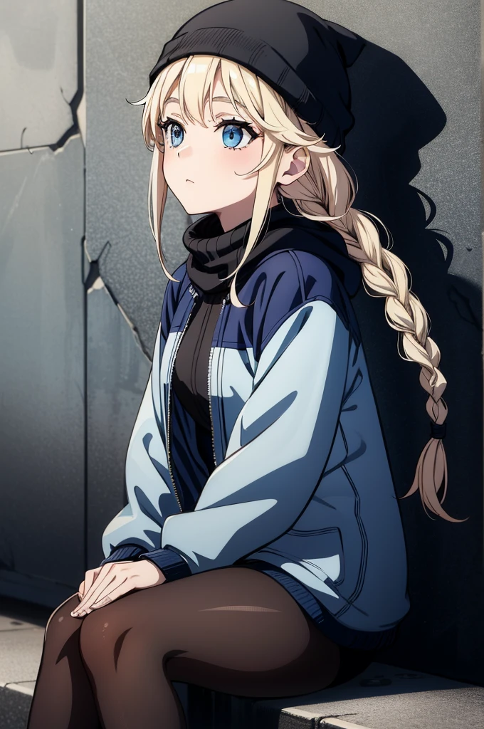 a woman and  are seated close together under graffiti walls of building, 1girl, solo, hat, long hair, braid, beanie, sitting, pantyhose, blue eyes, monochrome, spot color, jacket