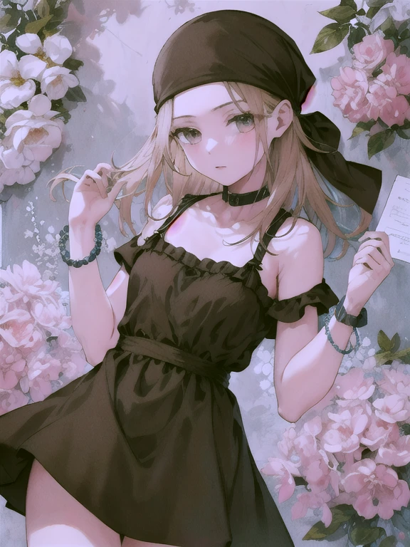 Obra maestra, mejor calidad, high resolution, Kaa, ojos amarillos, vestido negro, collar de cuentas, sin mangas, pulsera, bandana, piernas cruzadas,