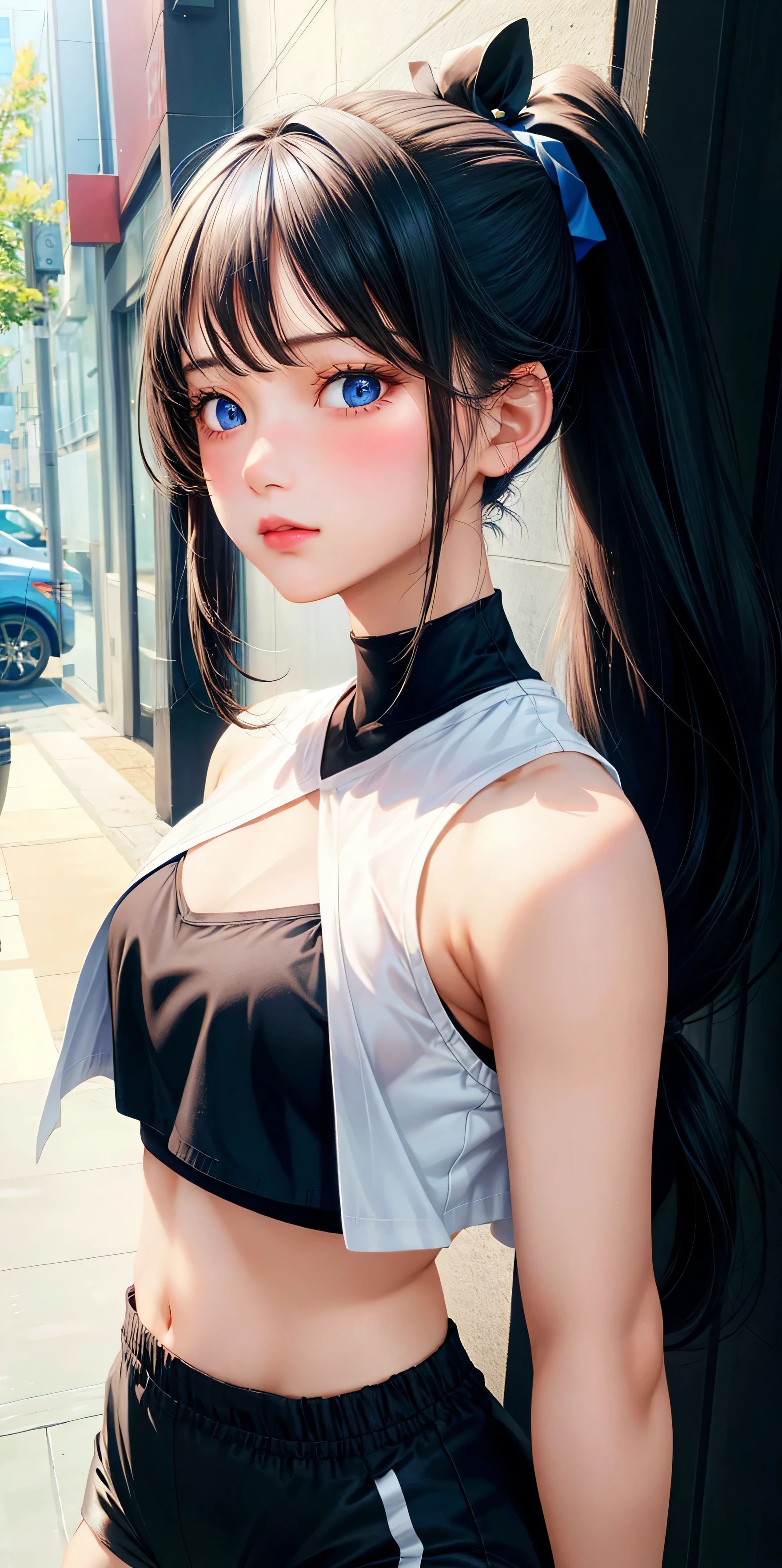 realistic, 1girl, black hair, blue eyes, crop top, short pants , masterpiece, blush, ponytail