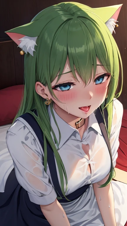 Enkidu, lying on a bed, sleping, cat maid, cat ears, wet body, sweating, handcuffed, pet collar attached, slave earring, ahegao, blushing, resisting, panting, lewd face, face when exhausted and no longer able to resist, looking at the camera, spreading crotch to reveal pussy, hairy pussy sticking out tongue, big penis, penetration, sex, torture sex, creampied, into vagina, semen flow out of vagina, face with sperm,