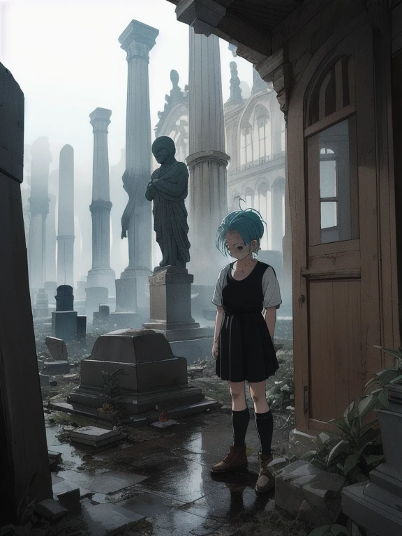 (foto cruda, mejor calidad), 1 chica, natural lighting, exterior, lluvioso, gloomy, funeral, sad, cementerio,
akira toriyama, bulma, vestido negro, llanto, sosteniendo flores blancas, arco,