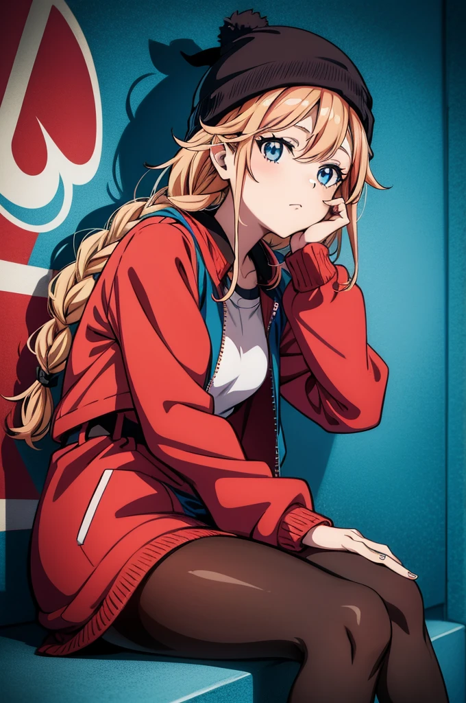 an anime style girl in red jacket leaning on wall in graffiti-covered room, 1girl, solo, hat, long hair, braid, beanie, sitting, pantyhose, blue eyes, monochrome, spot color, jacket
