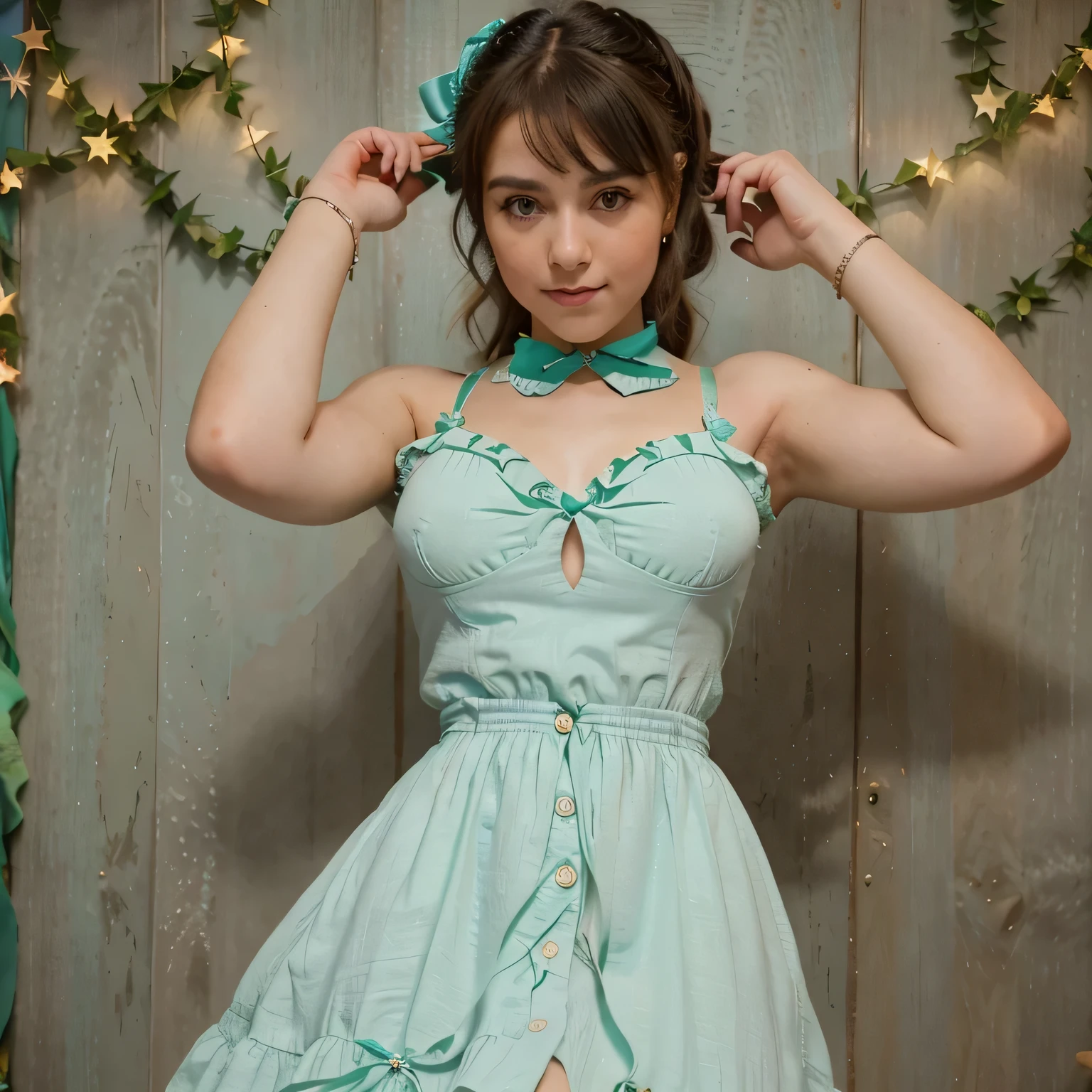 Uma garota de olhos claros , rosto com sardas ,sorrindo, com cabelo curto castanho, ponytail with bangs with mint green ribbon tied in a bow on top of head wearing a dress wearing a vintage or retro style dress, possibly inspired by mid-20th century fashion. O vestido deve ter mangas curtas com ombros bufantes e uma gola Peter Pan. The color of the dress should be mint green with decorative stitching creating diamond patterns all over the body. There should be two yellow circular buttons on the front at the waist line. A parte da saia parece ser plissada ou franzida, dando-lhe algum volume, detalhes no rosto, realista, pequena ,retro futurista
