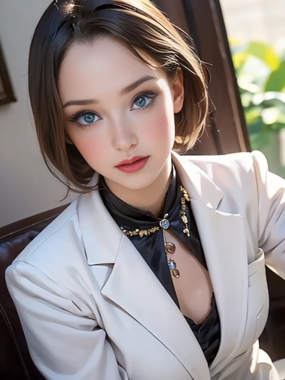 (best quality, 8k, photorealistic:1.5), (solo, one girl:1.5),(shine a bright light on women),(ultimate beautiful girl),(shiny skin),(oily skin),(blonde hair:1.3),(short hairstyle:1.3),(cool beauty),Blush brown makeup , dark eye makeup , use pink glossy lipstick,(big beady eyes girl:1.5),(droopy eyes girl:1.5),(blue eyes:1.5),(thin girl:1.5),(baby face girl:1.5),(sex appeal),(sweet smelling girl),(she works for low wages),(kind-hearted woman),(she has a nice smile),(woman with a happy look),(she is very sociable),(from a very poor family),(virgin girl),(She is a secret pervert.),(she covertly lewd),(she looks so erotic),chuuChloe,(woman with very soft breasts),(woman fantasizing about sex),(allurement),(impressive eyes:1.5),(clean girl),(affability),(cute smile),(good personality),(serious personality),(wants sex),(want to masturbate),(want to have sex forcibly),(relaxing time),(hair ornaments),(compassion),(impurity),(love filled),(get horny),(No love experience),(private room),(formal clothes:1.5)
